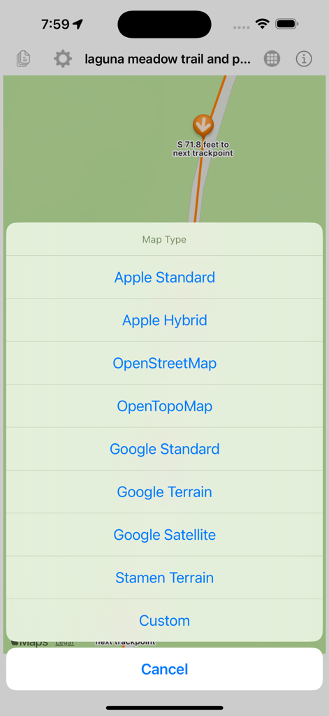 Un menu nell'app GPX Viewer che mostra opzioni per diversi fornitori di mappe come Apple, Google e OpenStreetMap.