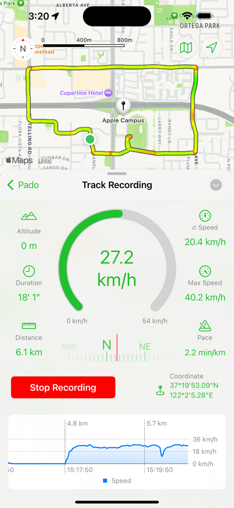 Pado - Pado app screenshot showing a map with a recorded route and real-time statistics like speed and distance
