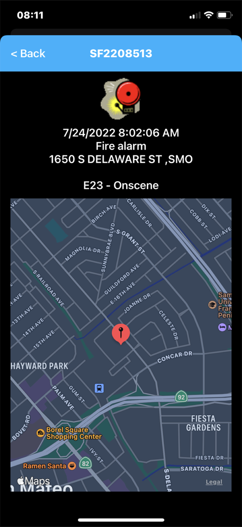 Detailed view of a fire incident showing the location on a map in San Mateo