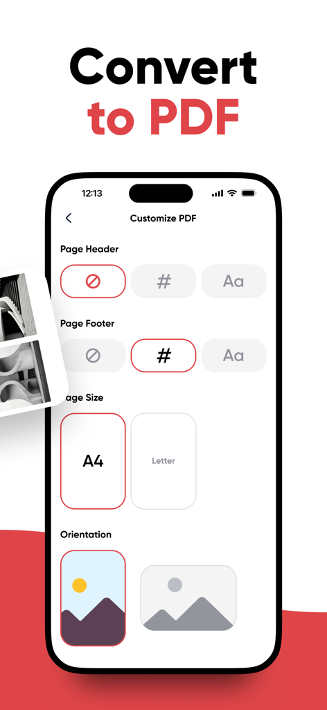 JPG to PDF | Photos to PDF - Interface para personalizar o tamanho da página do PDF e a orientação do layout