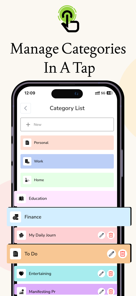 Note.s Taking App - NotesU - Pantalla de la aplicación NotesU que muestra una lista de categorías codificadas por colores para una toma de notas organizada