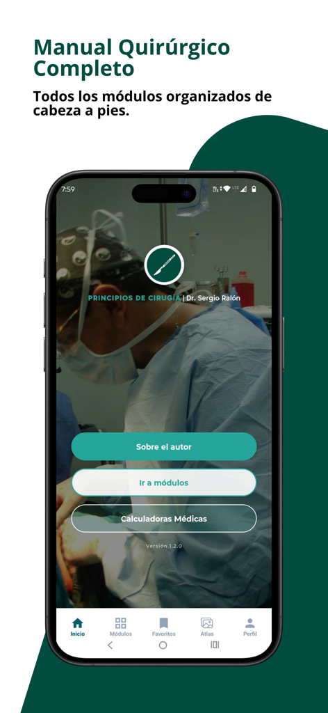 Manual de Cirugía - Dr. Ralón - Tela inicial do aplicativo Manual de Cirurgia Dr. Ralón com um manual cirúrgico e calculadoras médicas.