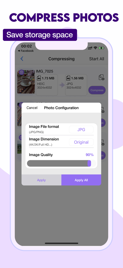 Video Compressor & Reduce size - Video Compressor app screen showing photo configuration settings to reduce file size and save storage space