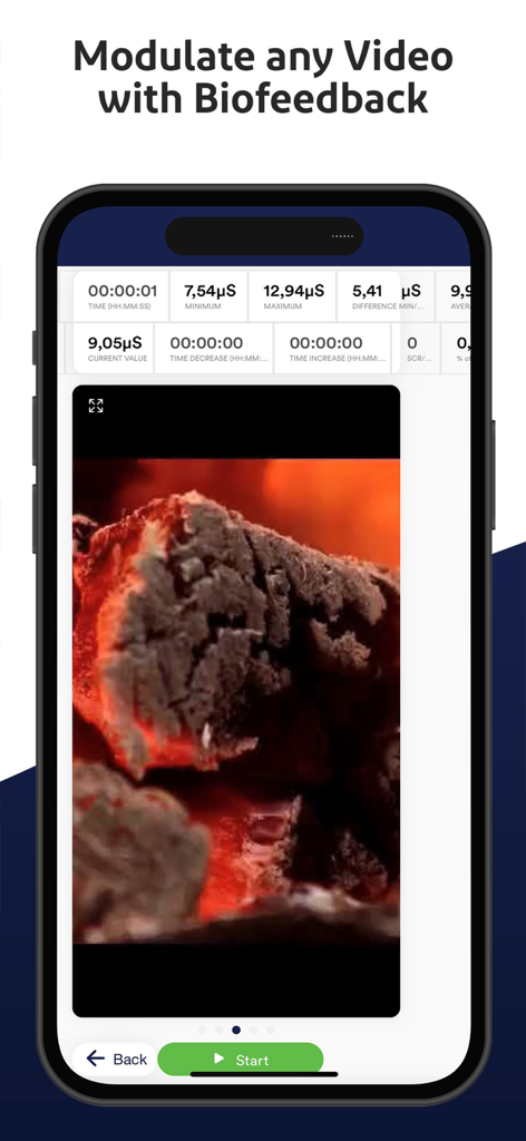 Mindfield eSense - Interfaz de smartphone de Mindfield eSense que muestra modulación de video y métricas de biofeedback en tiempo real como la conductancia cutánea