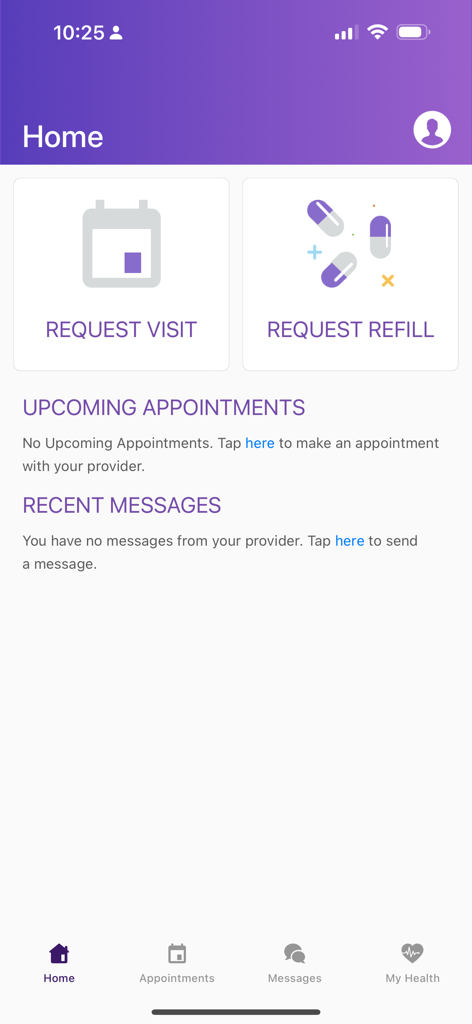 APPatient home screen with options to request a visit and request a prescription refill