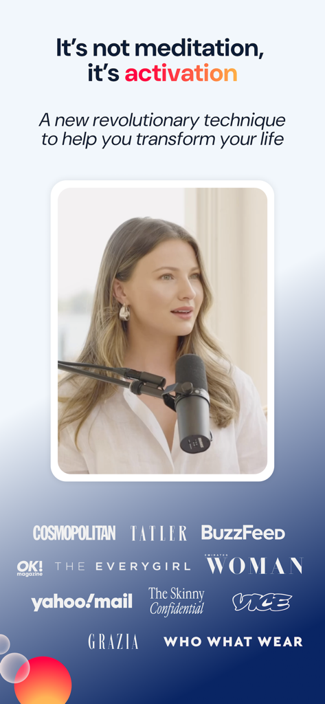 Activations: Daily Motivation - Promotional screen for Activations app featuring a woman recording audio and logos of major media publications including Cosmopolitan and BuzzFeed