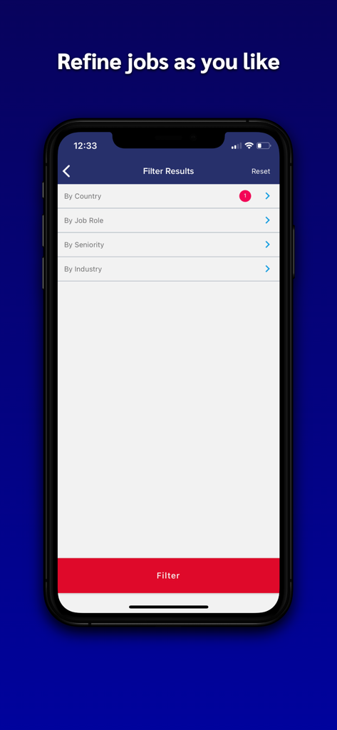 GulfTalent app interface showing job search refinement options for country role seniority and industry
