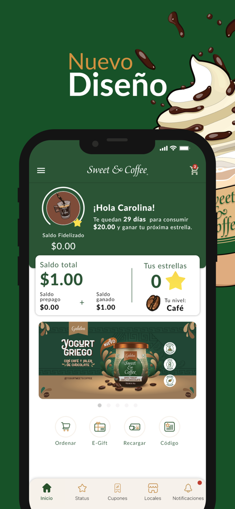 Sweet and Coffee mobile app home screen showing user loyalty rewards and balance