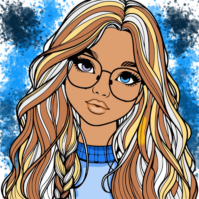 girl with long hair and freckles and glasses realistic