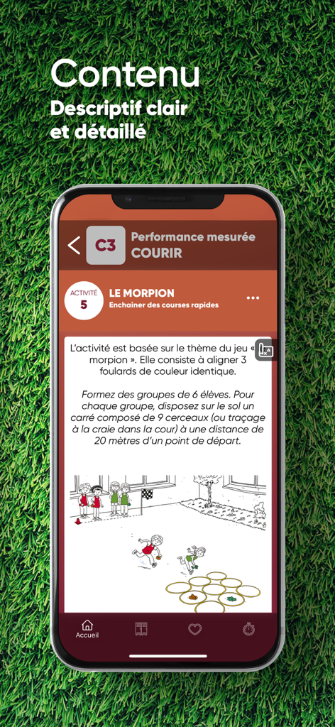 Accès EPS - Écran de smartphone affichant une activité détaillée d'éducation physique de course à pied avec instructions et illustration dans l'application Accès EPS.
