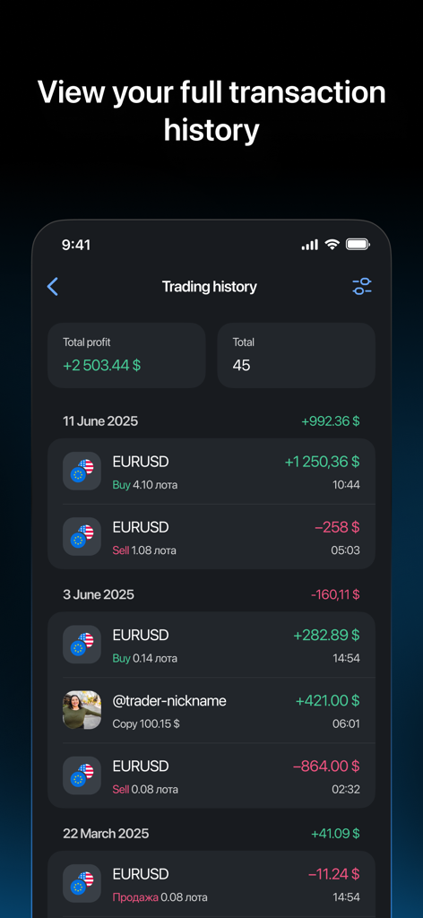 A screenshot of the LiteFinance mobile app showing the trading history interface with transaction details and profit summary