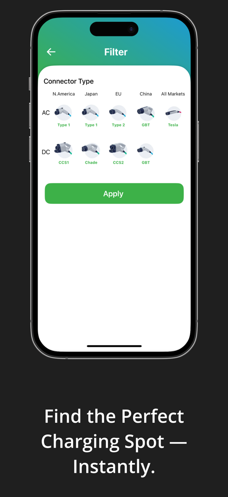 Una pantalla de aplicación móvil que muestra opciones para filtrar estaciones de carga de vehículos eléctricos por tipos de conector AC y DC, incluyendo Tesla CCS y GBT.