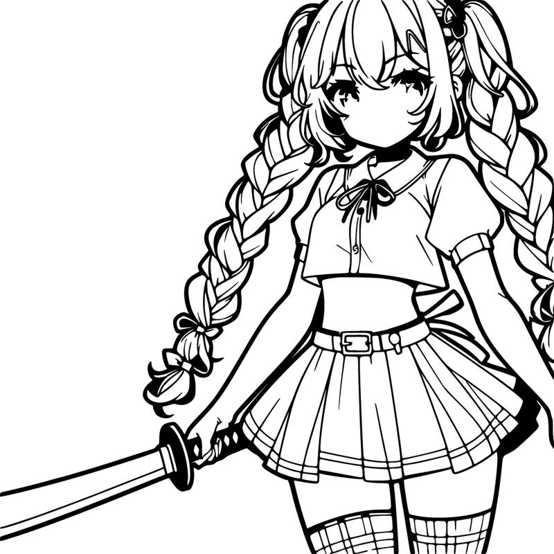 anime girl with chunky braids and sword with short skirt