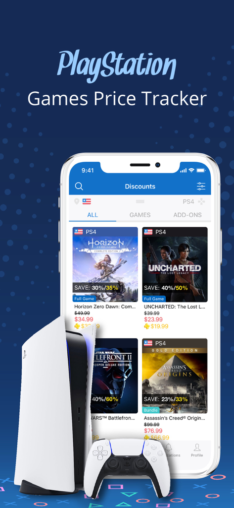 PS Deals - PS Deals mobile app interface showing game discounts next to a PS5 console and controller