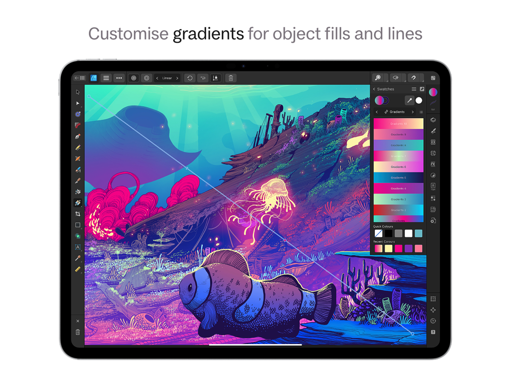 Affinity Designer 2 for iPad - Interface of Affinity Designer 2 for iPad showing gradient customization on an underwater digital illustration.