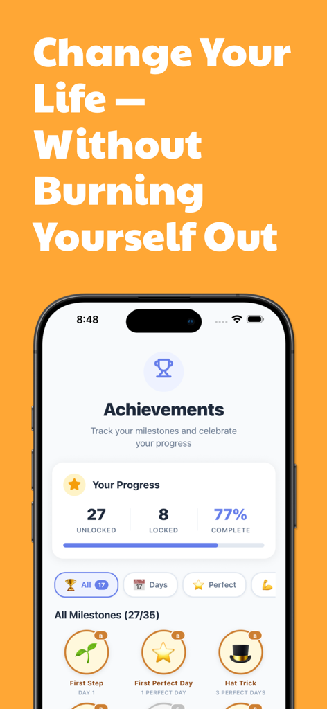 75 Soft Challenge - Tracker - Screenshot of the 75 Soft Challenge Tracker app showing achievement milestones and progress tracking