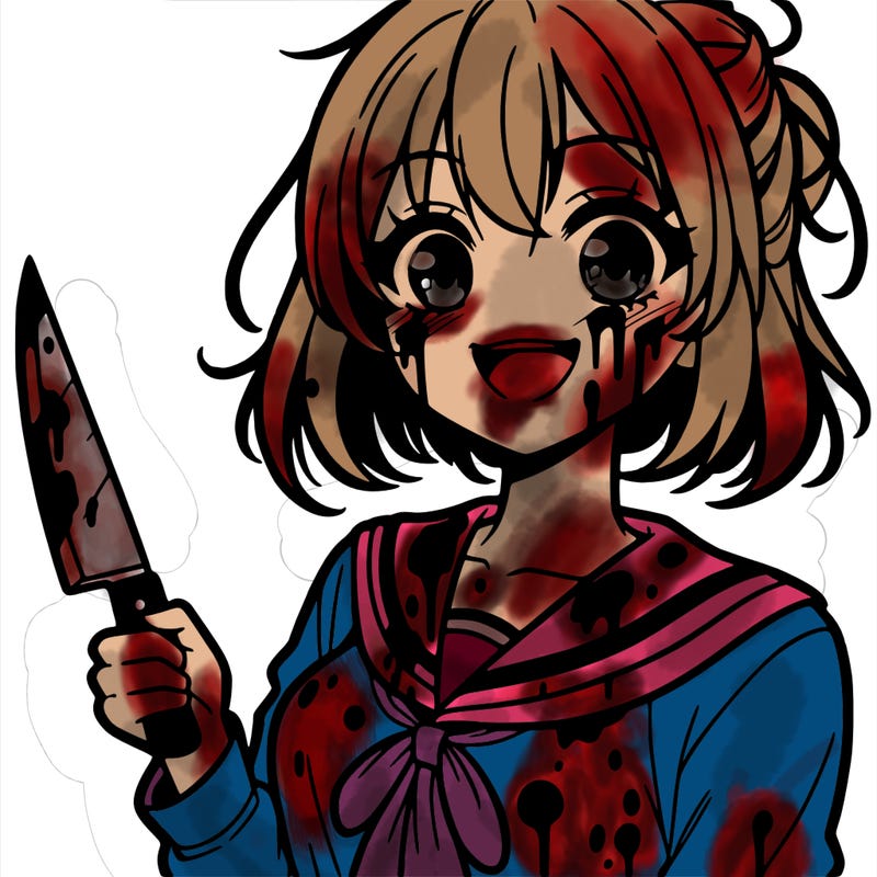 anime styled girl smiling holding a knife and covered in blood