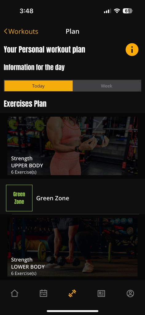 Personalized workout plan in Fitness Map app showing upper and lower body strength exercises