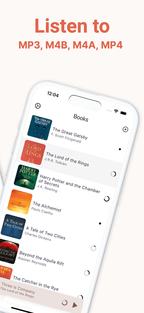 BookPlayer: MP3/M4B/M4A/MP4 - Interfaccia dell'app BookPlayer che mostra un elenco di audiolibri e formati supportati come MP3 e M4B