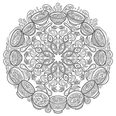 Explore the delightful fusion of culinary art and meditative design with this unique Fish Soup Mandala coloring page. Each intricate bowl and delicate fish detail invites you into a world of creative relaxation and gastronomic inspiration.