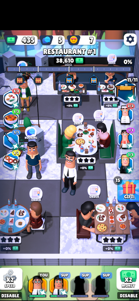 Vista cenital de un juego de simulación de gestión de restaurantes 3D que muestra personajes sirviendo a clientes en mesas