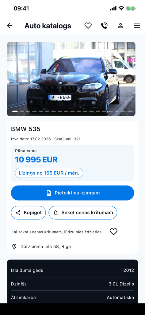 CarBuy - Detailed car listing page in the CarBuy app showing a BMW 535 with pricing and technical specifications