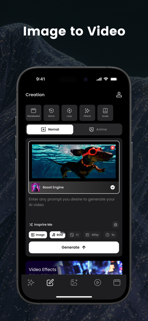 Interface of the Video AI app showing the Image to Video creation tool with a preview of a dog swimming underwater.