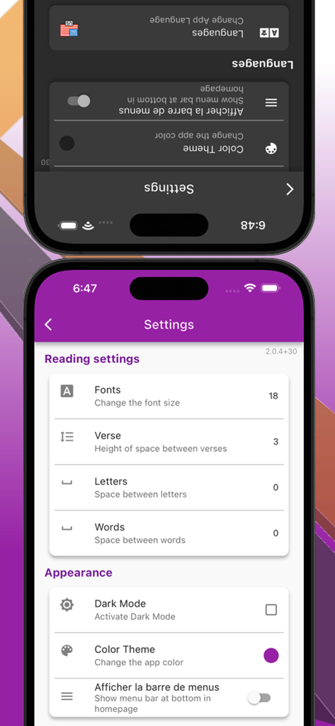 La Sainte Bible Multilangue - Settings menu of the La Sainte Bible Multilangue app showing options for reading fonts, spacing, dark mode, and color themes.