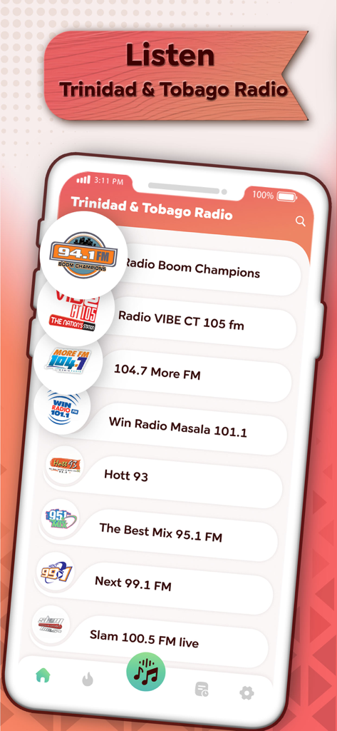 A mobile app interface displaying a list of live radio stations from Trinidad and Tobago
