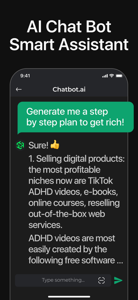 Interfaccia dell'assistente intelligente AI Chat Bot che mostra un piano aziendale passo passo per la vendita di prodotti digitali