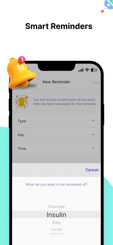Interfaz de recordatorios inteligentes para rastrear los niveles de insulina y glucosa en la aplicación Gluco Buddy