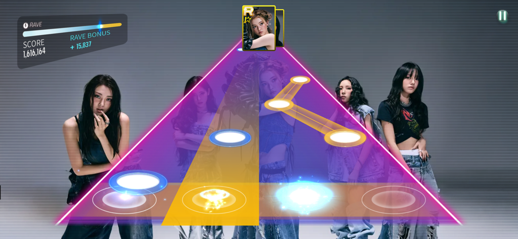 SUPERSTAR THEBLACKLABEL - Gameplay-Oberfläche des Superstar THEBLACKLABEL Rhythmusspiels mit der K-Pop-Gruppe MEOVV