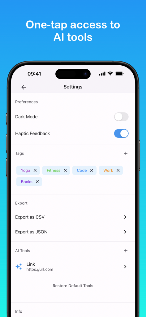 Prompt Tool - The settings screen of the Prompt Tool app showing custom tags, data export options, and AI tool management.