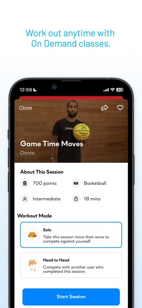 Dribbleup - Sports & Fitness - Interfaz de la aplicación DribbleUp que muestra una sesión de entrenamiento de baloncesto bajo demanda con modos individual y competitivo
