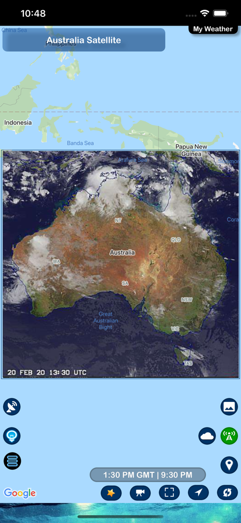 My Weather - Visualização de mapa de satélite da Austrália na interface do aplicativo My Weather