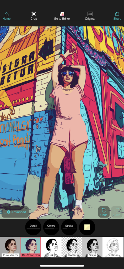 Vector Q by Imaengine - A smartphone screenshot of Vector Q app displaying a photo transformed into a colorful pop-art vector illustration.