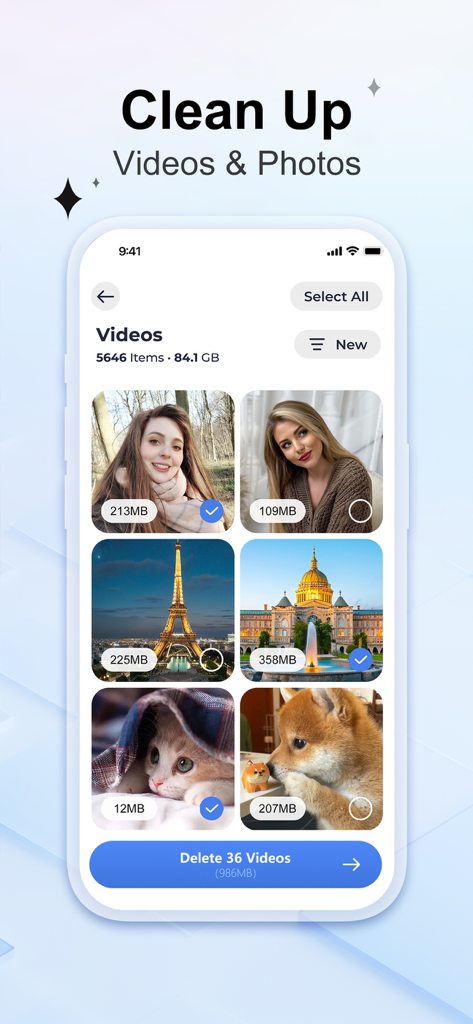 Spark Cleaner: Clean Storage - Spark Cleaner app screen showing video storage management and deletion option