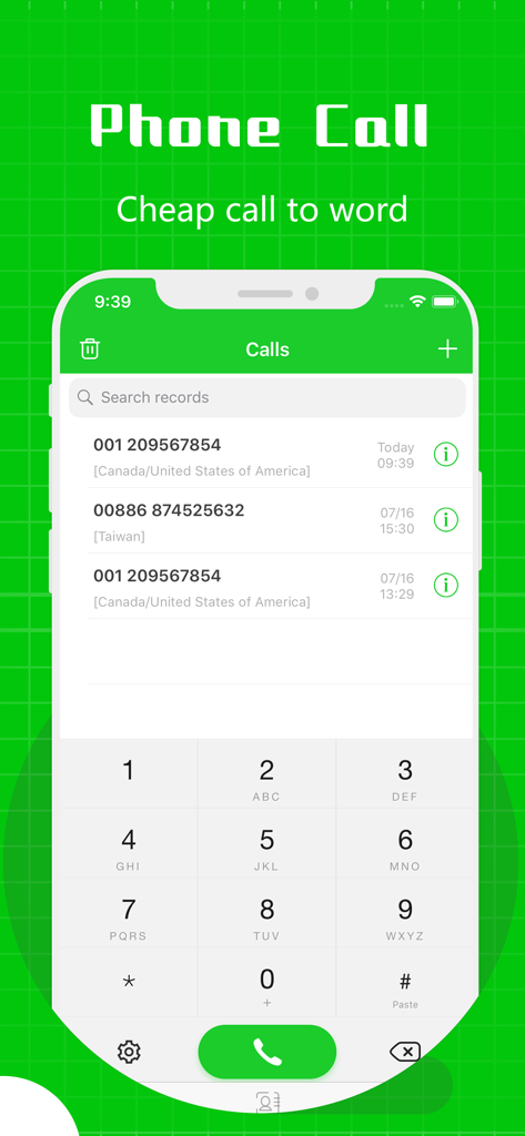 Easy Call - Phone Calling App - Interface do aplicativo Easy Call mostrando o teclado numérico e registros recentes de chamadas internacionais.
