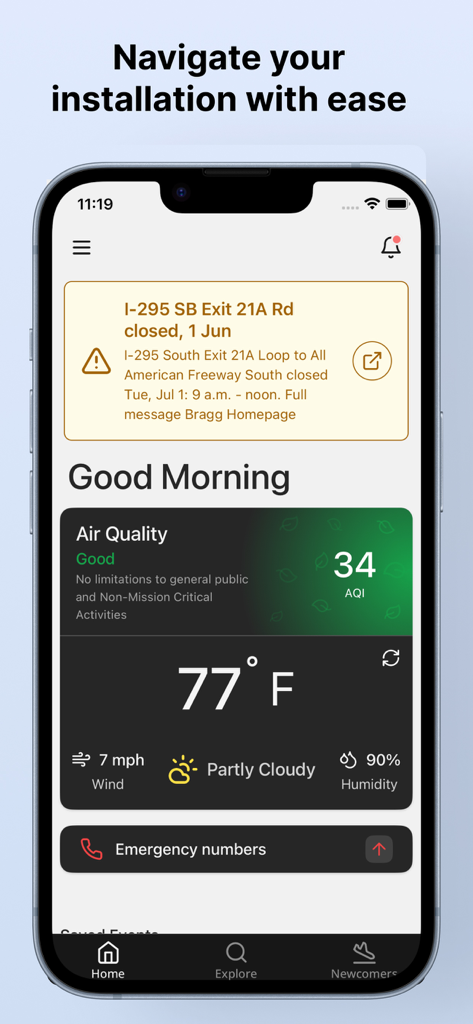 MyArmyPost App Dashboard mit Straßenbauwarnungen, Wetterbedingungen und Luftqualitätsstatus für einen Militärposten