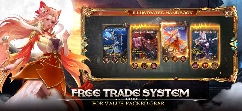 Light of Chaos - Tela do jogo Light of Chaos mostrando o sistema de comércio livre e as estatísticas de poder do personagem no manual ilustrado.