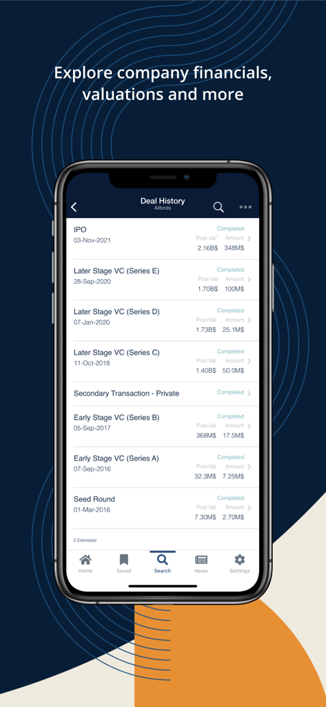PitchBook Mobile app interface displaying company deal history and valuations for various funding rounds