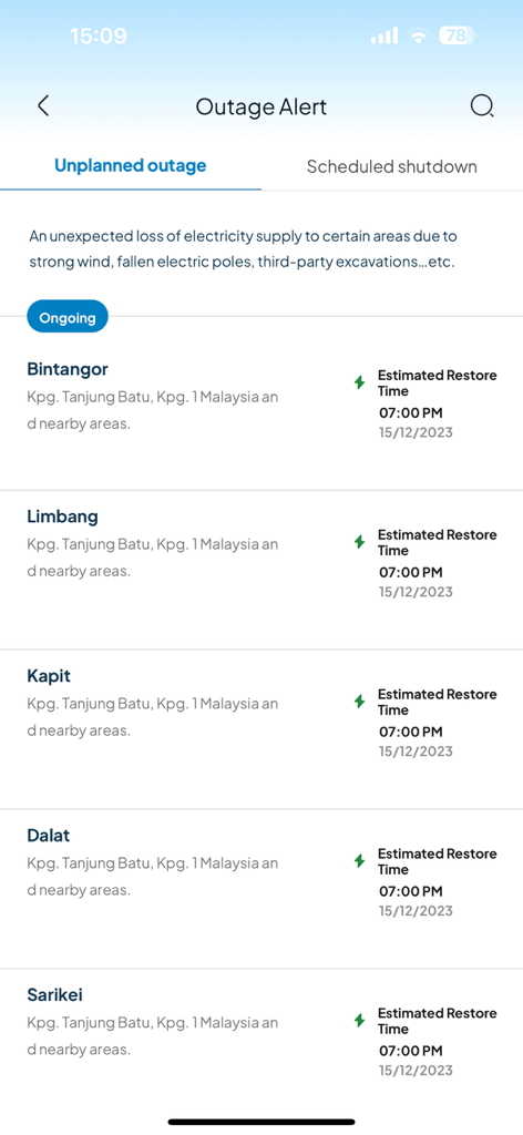 SEB cares - A mobile screen from the SEB cares app showing unplanned power outage alerts with estimated restoration times for various regions.