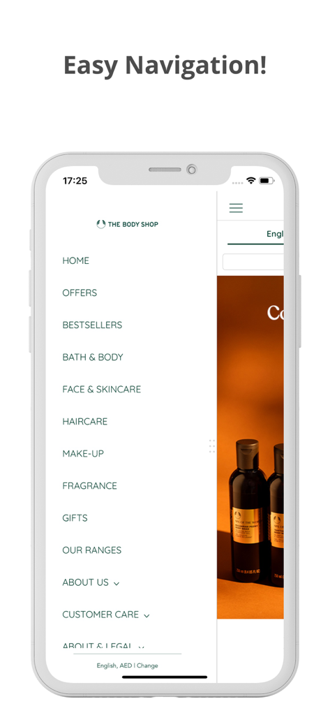 The Body Shop UAE - Navigationsmenü für die App The Body Shop UAE mit Kategorien für Hautpflege und Schönheit.