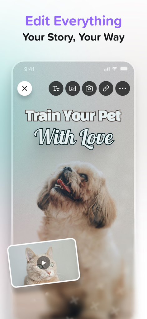 Mobile Oberfläche der KwaKwa-App, die Bearbeitungswerkzeuge für digitale Produkte zur Haustiererziehung mit benutzerdefiniertem Text und Video-Overlays zeigt.