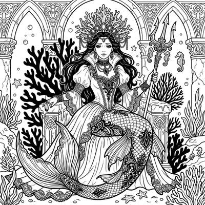 Dive into a world of melancholic beauty with this gothic mermaid queen coloring page. Adorn her with deep, rich hues and bring her majestic underwater realm to life.
