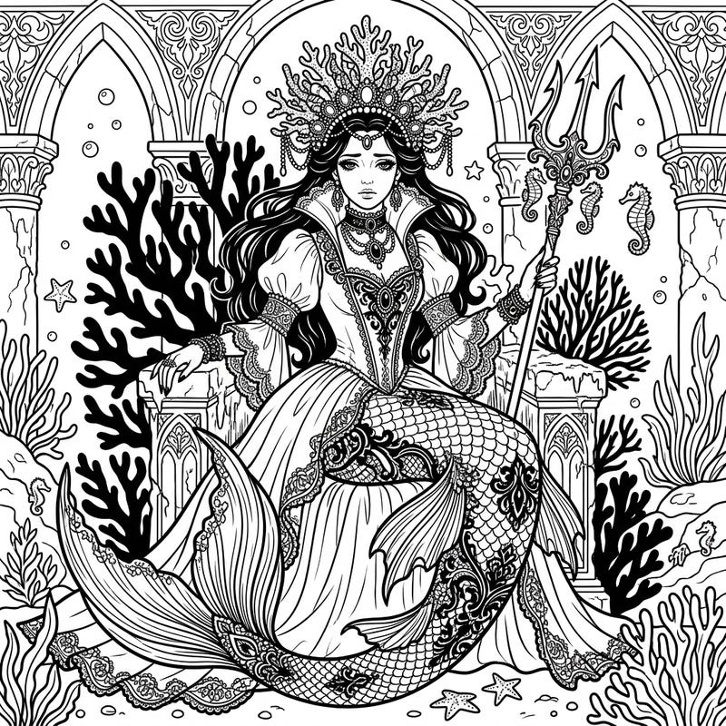 Dive into a world of melancholic beauty with this gothic mermaid queen coloring page. Adorn her with deep, rich hues and bring her majestic underwater realm to life.