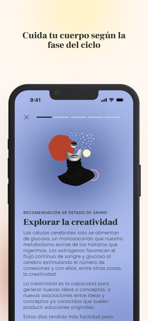 Cicla · Calendario menstrual - A screenshot of the Cicla app displaying a mood recommendation to explore creativity with an artistic illustration and educational text about estrogen and brain function.