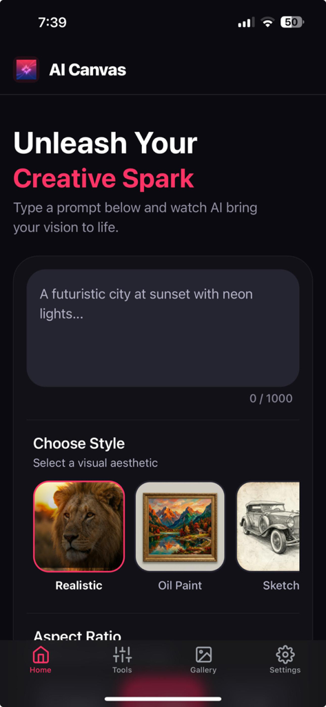 Photo Aiアプリのホーム画面。プロンプト入力ボックスと、リアル、油絵、スケッチなどのさまざまなアートスタイルの選択肢が表示されています。