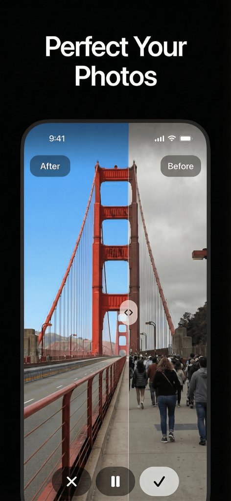 Bananai: AI Photo Editor - Une comparaison en écran partagé montrant une photo originale terne et une version améliorée par IA de l'IA du Golden Gate Bridge dans l'application Bananai