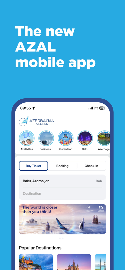 AZAL - Book Flight Ticket - The home screen of the new AZAL Azerbaijan Airlines mobile application for flight booking and travel management